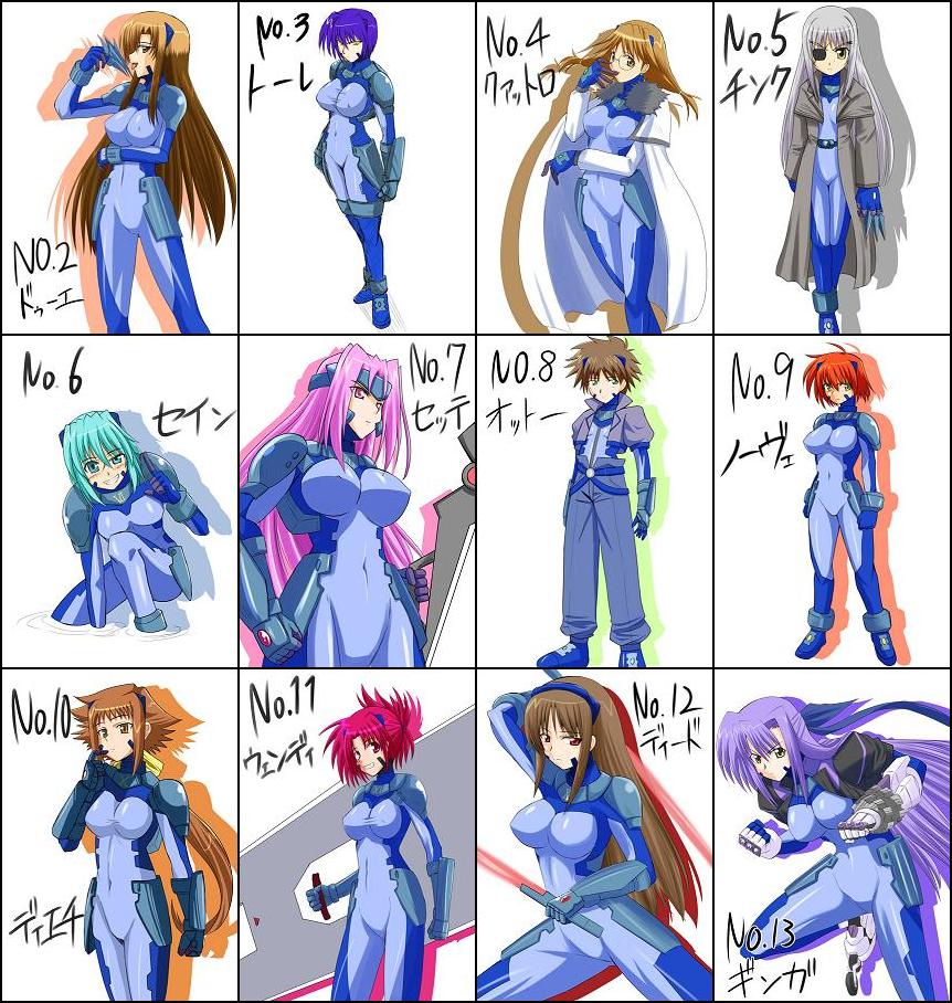 00s, 6+girls, breasts, cinque_(nanoha), deed_(nanoha), dieci_(nanoha), due_(nanoha), eyepatch, full_body, ginga_nakajima, glasses, lyrical_nanoha, mahou_shoujo_lyrical_nanoha, mahou_shoujo_lyrical_nanoha_strikers, multiple_girls, nove_(nanoha), numbers_(nanoha), otto_(nanoha), quattro_(nanoha), revolver_knuckle, sein_(nanoha), sette_(nanoha), tre_(nanoha), uno_(nanoha), wendi_(nanoha)