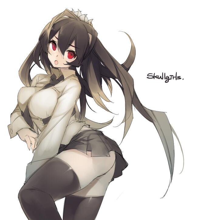 1girl, :o, bad_id, bad_pixiv_id, black_hair, black_thighhighs, breasts, copyright_name