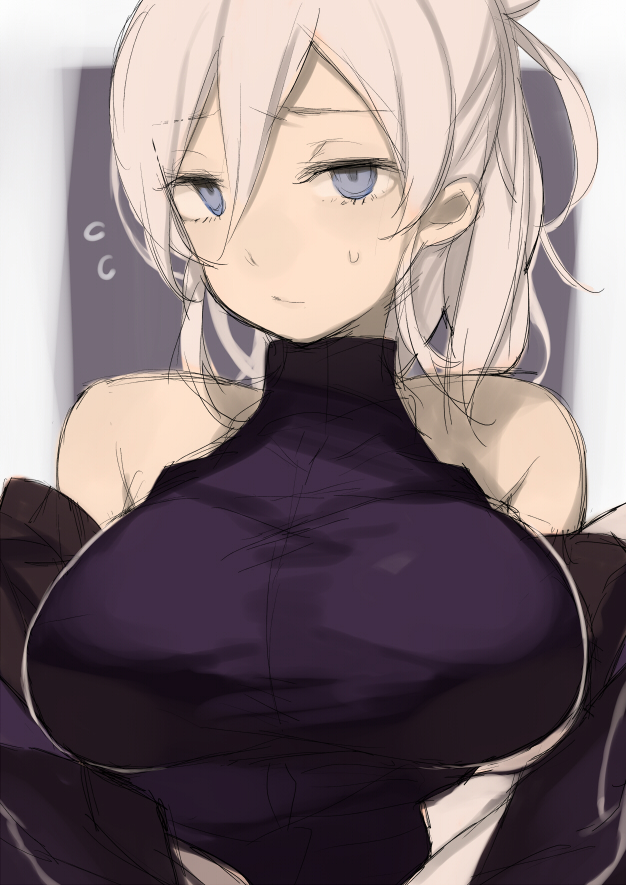 00s, 1girl, bad_id, bad_pixiv_id, bare_shoulders, blue_eyes, breasts, detached_sleeves