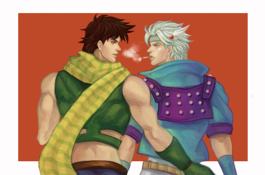 2boys, bad_id, bad_pixiv_id, blonde_hair, blue_jacket, brown_hair, caesar_anthonio_zeppeli, cigarette, highres, jacket, jojo_no_kimyou_na_bouken, joseph_joestar, joseph_joestar_(young), midriff, multiple_boys, scarf, silence_(txx961410160), smoke