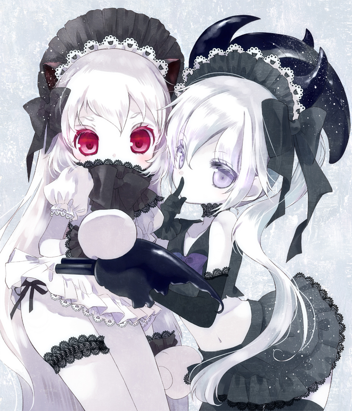 10s, 2girls, abyssal_ship, adapted_costume, arm_cannon, covered_mouth, destroyer_princess, finger_to_mouth