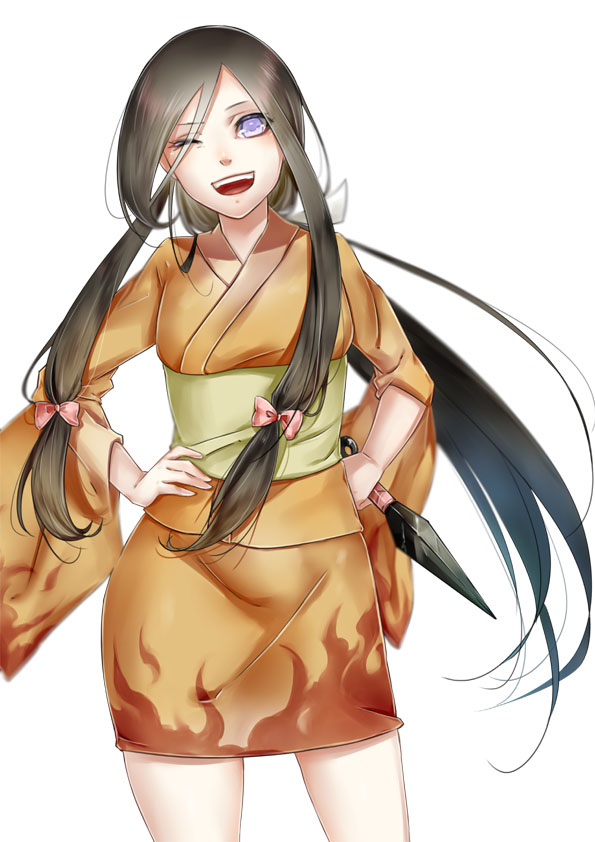 1girl, bow, brown_hair, hands_on_own_hips, hyuuga_hanabi, japanese_clothes, kimono, kunai, long_hair, naruto:_the_last, naruto_(series), obi, one_eye_closed, purple_eyes, sash, short_kimono, smile, standing, tetta_(tetta03), weapon, wink