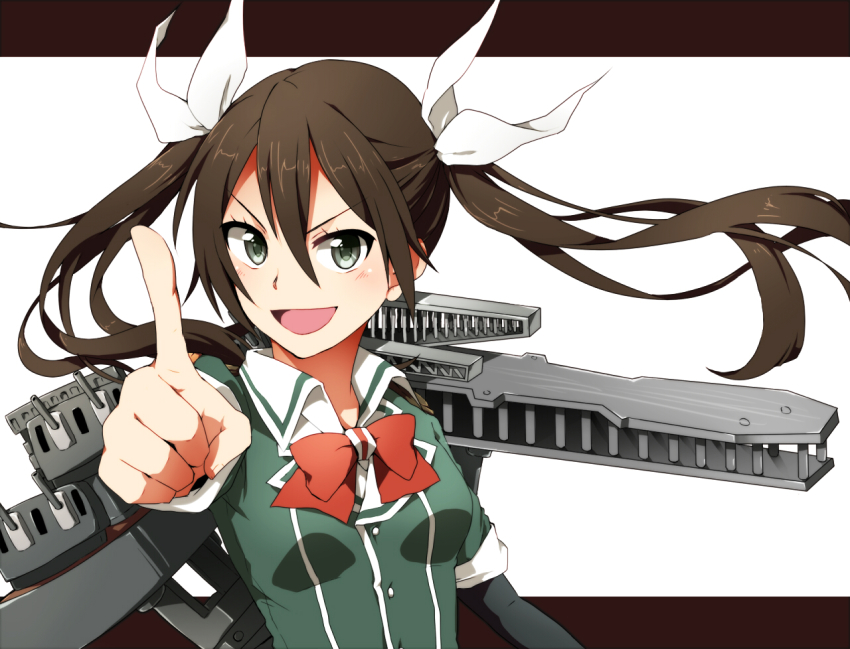 10s, 1girl, bow, bowtie, brown_hair, green_eyes, hair_ribbon, kantai_collection