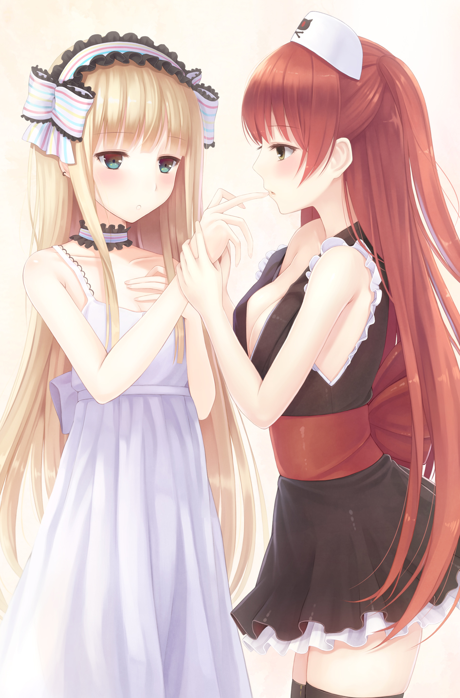 2girls, bemani, blonde_hair, breasts, cleavage, dress, finger_to_mouth, hairband