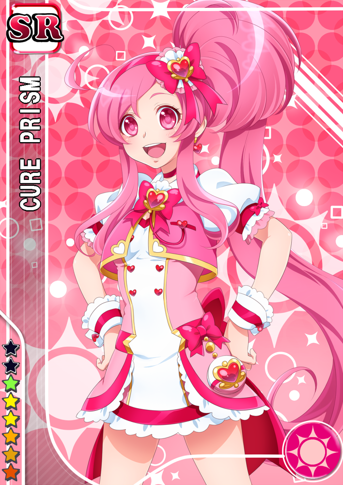 0417nao, 10s, 1girl, :d, aino_hikaru_(0417nao), bad_id, bad_pixiv_id, bow, brooch, card_(medium), card_parody, character_name, choker, cropped_jacket, cure_prism_(0417nao), earrings, female_focus, hair_bow, hairband, hands_on_own_hips, heart, heart_brooch, jewelry, long_hair, looking_at_viewer, love_live!, love_live!_school_idol_festival, love_live!_school_idol_project, magical_girl, miniskirt, open_mouth, original, parody, pink_background, pink_bow, pink_eyes, pink_hair, pink_theme, polka_dot, polka_dot_background, precure, side_ponytail, sidelocks, skirt, smile, solo, standing, wrist_cuffs