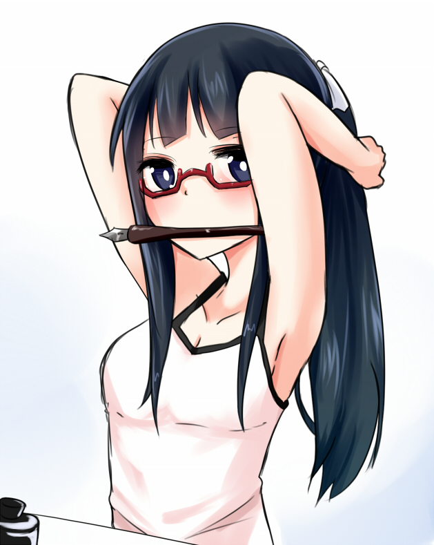 1girl, armpits, arms_up, bad_id, bad_pixiv_id, bare_shoulders, black_eyes, bottle