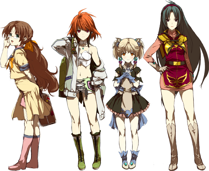 4girls, banpresto, blonde_hair, boots, brown_footwear, brown_hair, dress, fingerless_gloves