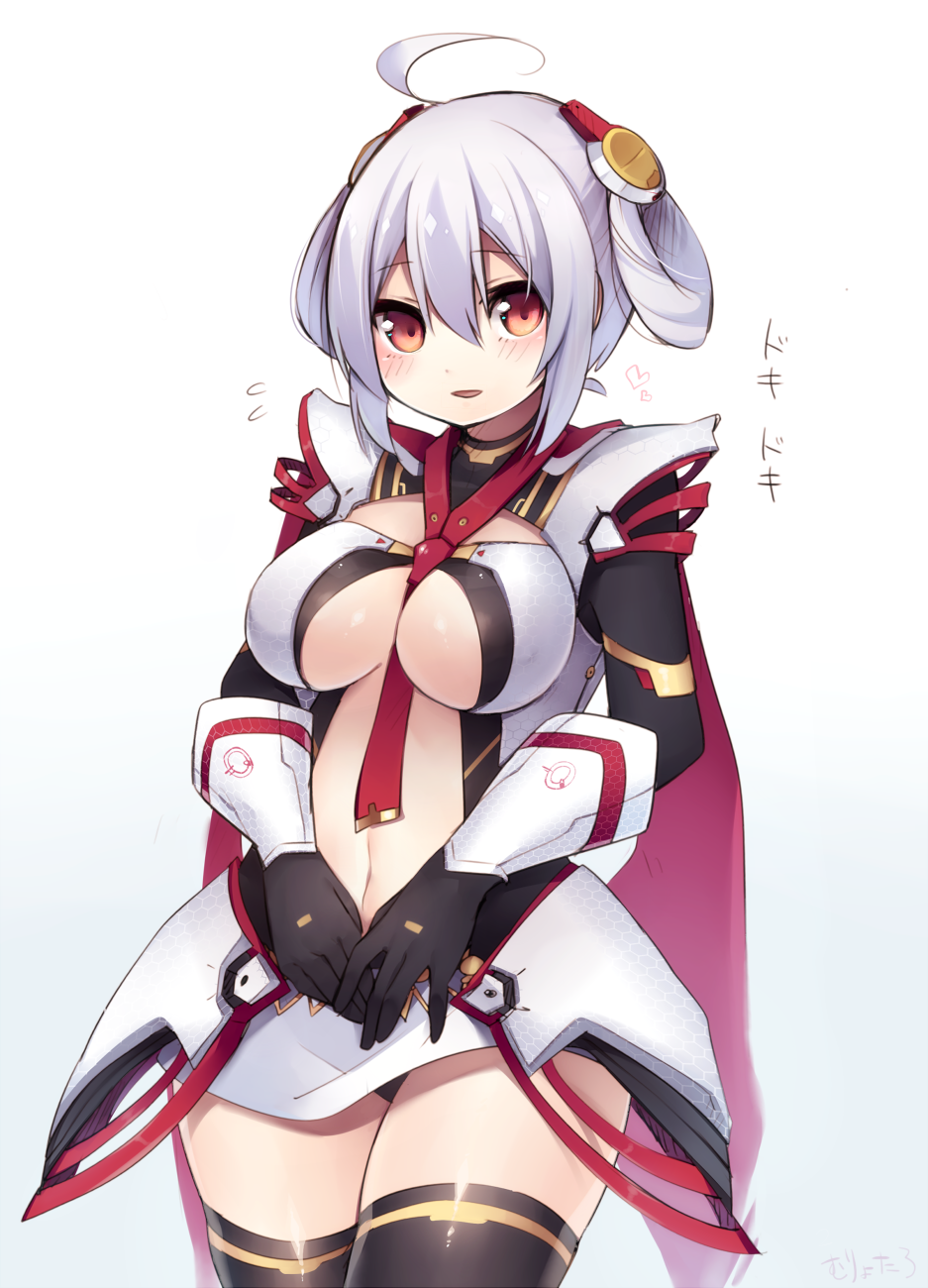 1girl, :d, ahoge, armor, bad_id, bad_tumblr_id, between_breasts, black_gloves