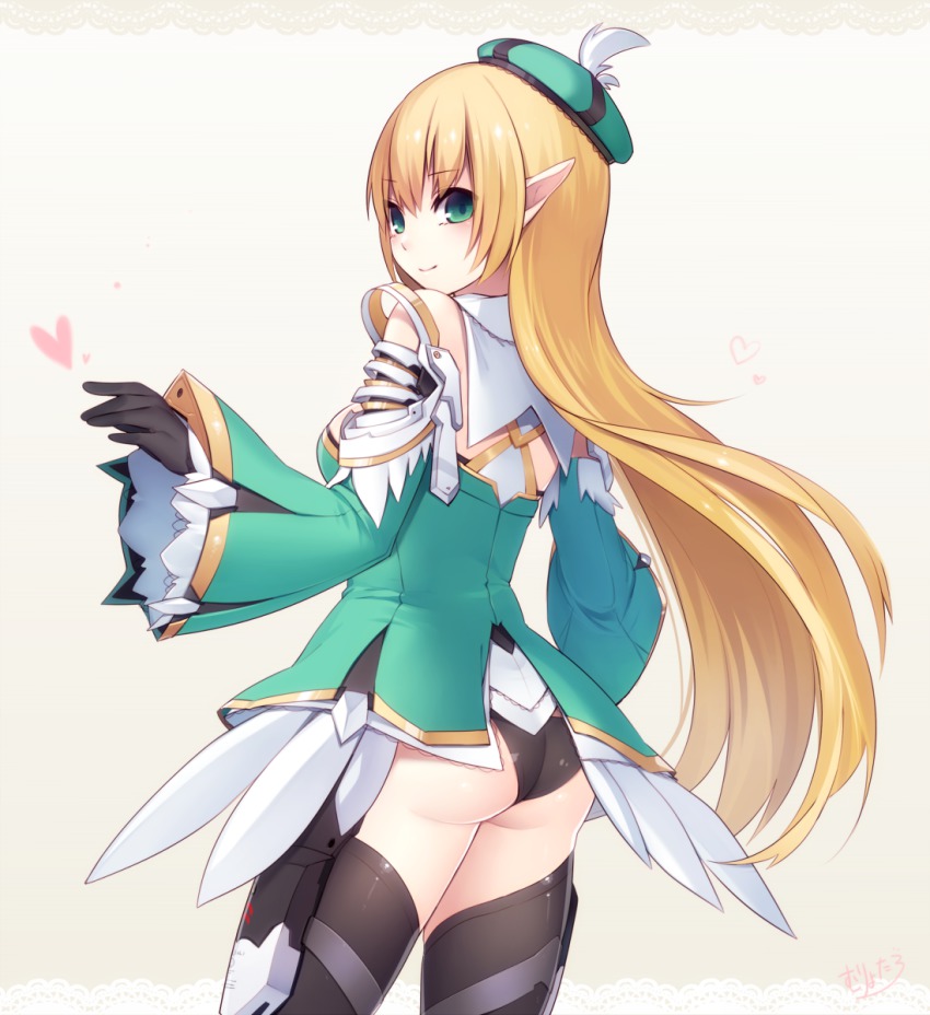 1girl, armor, ass, back, bad_id, bad_pixiv_id, beret, black_gloves, black_panties, black_thighhighs, blonde_hair, blush, border, breasts, cowboy_shot, detached_sleeves, female_focus, from_behind, gloves, gradient_background, green_eyes, grey_background, hat, heart, highres, iloise_alcuria, lace, lace_border, light_smile, long_hair, long_pointy_ears, looking_at_viewer, looking_back, muryotaro, ornate_border, outstretched_arms, panties, pauldrons, phantasy_star, phantasy_star_online_2, pointy_ears, shoulder_armor, sideboob, signature, smile, solo, spread_arms, standing, thighhighs, underwear, very_long_hair, whittier, wide_sleeves