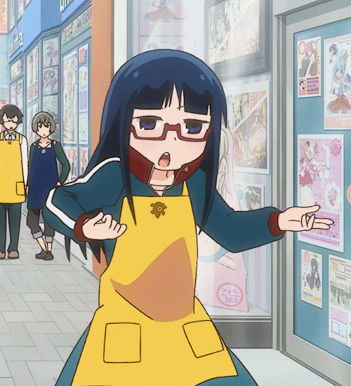 1girl, 2boys, animated, animated_gif, anime_screenshot, apron, black_hair, denki-gai_no_hon'ya-san, glasses, kantoku_(denki-gai), long_hair, multiple_boys, open_mouth, red-framed_eyewear, semi-rimless_eyewear, sensei_(denki-gai), umio_(denki-gai)