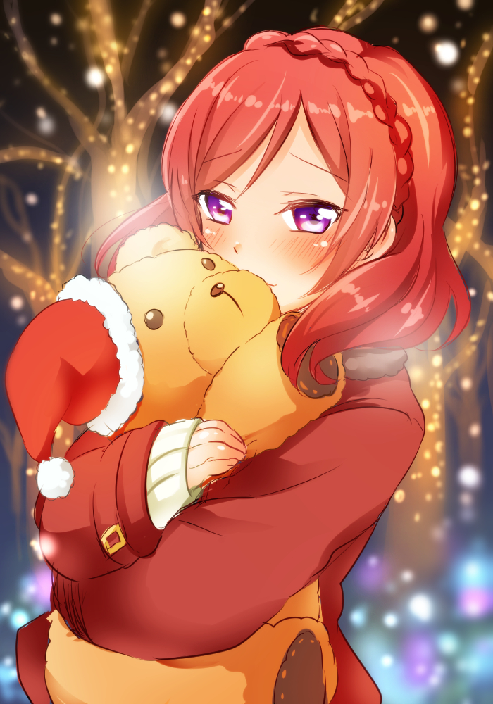 10s, 1girl, bisuke_(bisco), blurry, blush, braid, christmas_lights, depth_of_field, female_focus, hat, hatomugi_(mugicha), hugging_object, long_sleeves, looking_at_viewer, love_live!, love_live!_school_idol_festival, love_live!_school_idol_project, nishikino_maki, purple_eyes, red_hair, santa_hat, short_hair, sleeves_past_wrists, smile, solo, stuffed_animal, stuffed_toy, teddy_bear, tree, tsurime