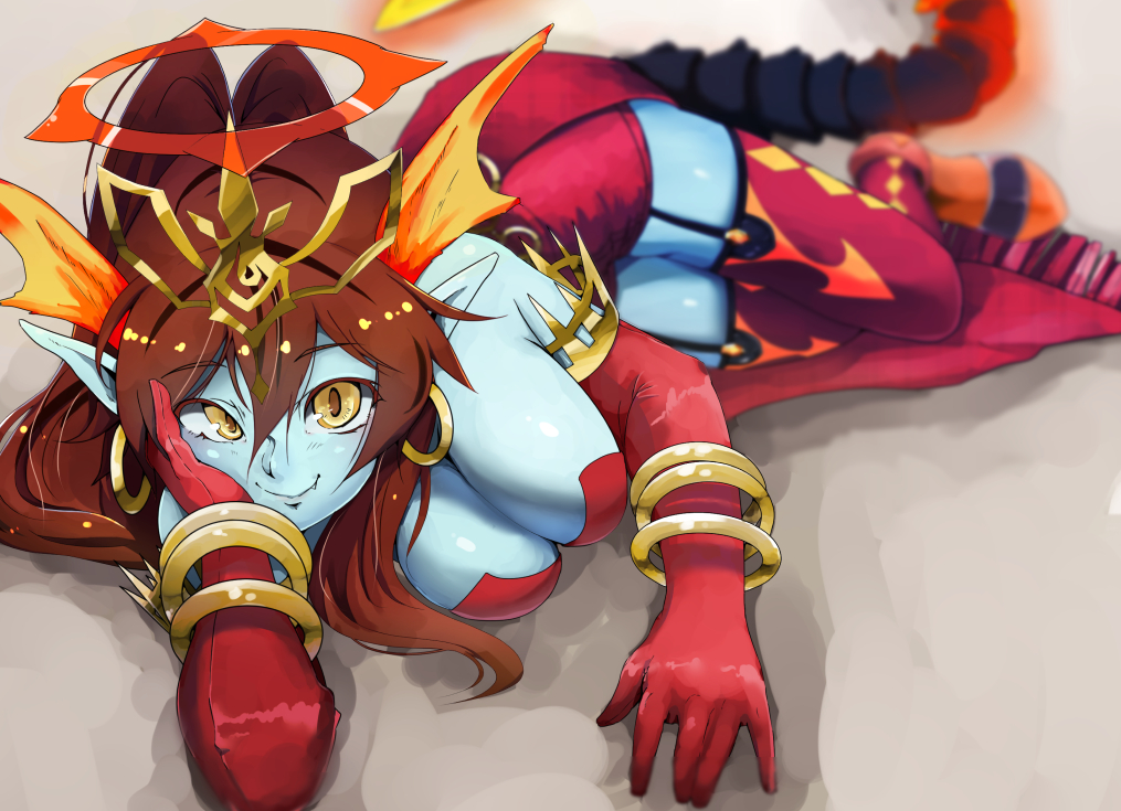 1girl, bangle, bare_shoulders, blue_skin, blurry, bracelet, breasts, brown_hair