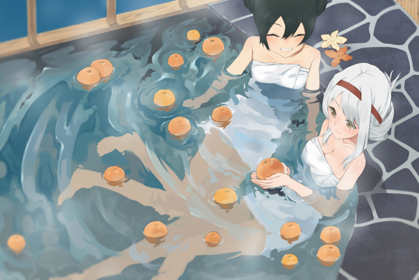 10s, 2girls, ^_^, bathing, black_hair, blush, breasts, brown_eyes