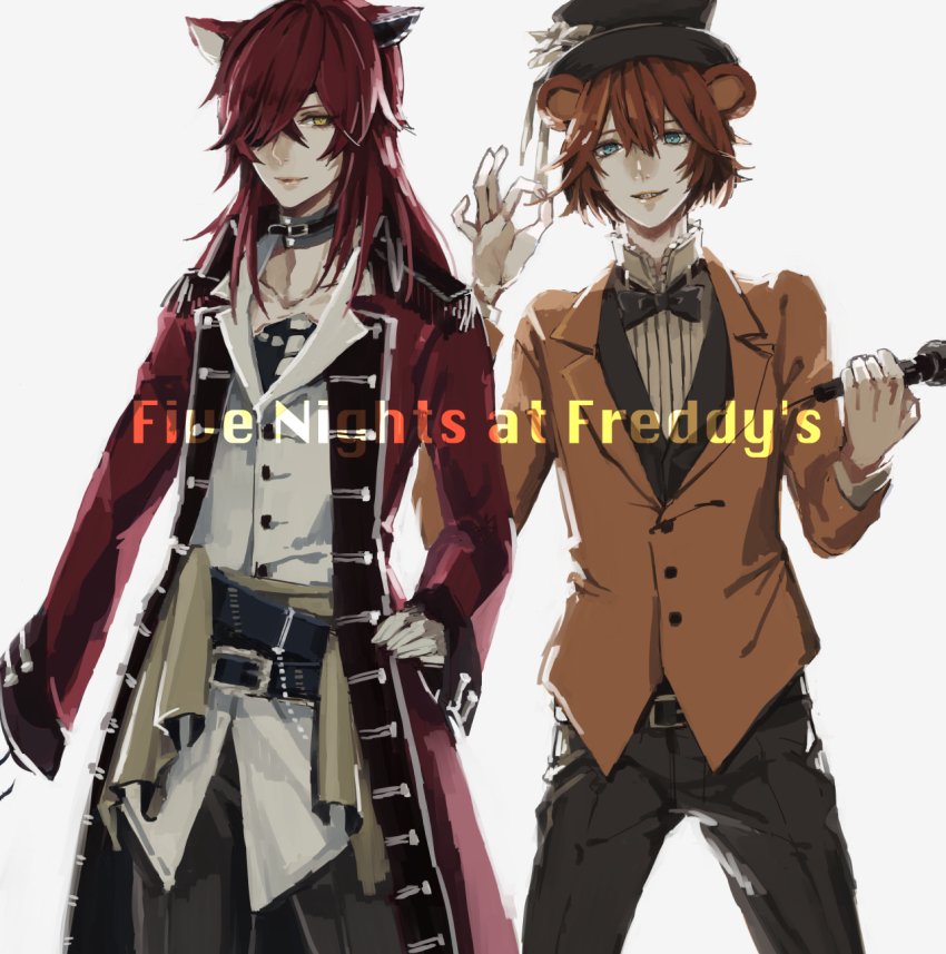 2boys, animal_ears, asymmetrical_bangs, bad_id, bad_pixiv_id, belt, blouse, blue_eyes, bow, bowtie, brown_hair, collared_shirt, copyright_name, ecrumist, five_nights_at_freddy's, formal_clothes, fox_ears, foxy_(fnaf), freddy_fazbear, grey_background, hair_over_one_eye, hand_on_own_hip, hat, highres, hook_hand, mash, microphone, multiple_boys, neck_bell, personification, pirate_costume, red_hair, shirt, simple_background, standing, striped_clothes, striped_shirt, suit, top_hat, traditional_bowtie, white_shirt, yellow_eyes