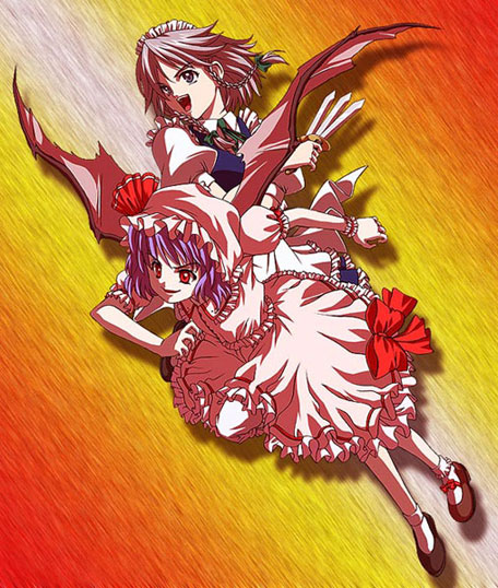 2girls, :d, bat_wings, blue_dress, dress, evil_smile, female_focus, flying