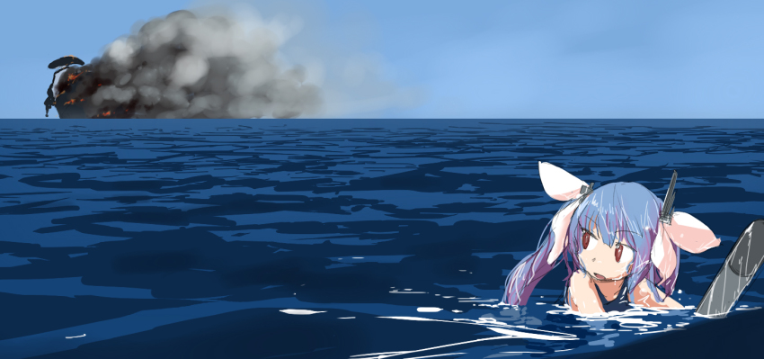 10s, 1girl, abyssal_ship, blue_hair, blue_sky, burning, day, explosion