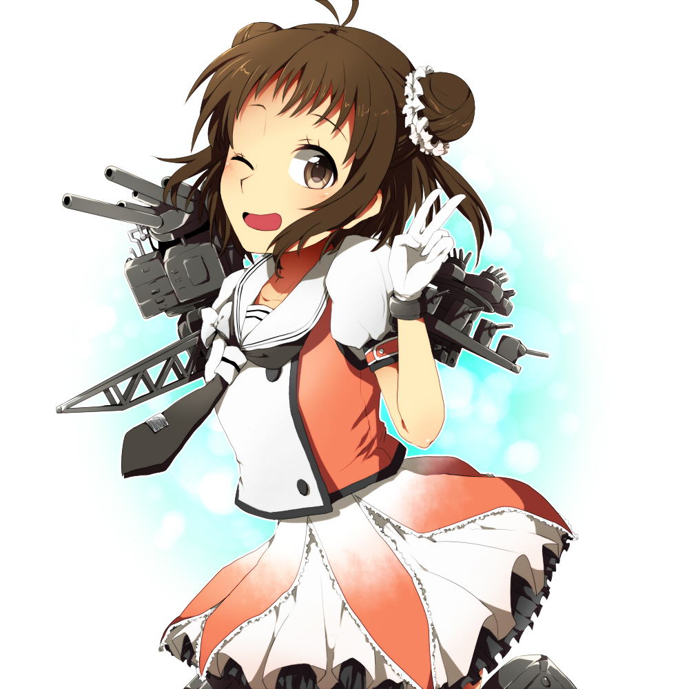 10s, 1girl, antenna_hair, brown_eyes, brown_hair, double_bun, female_focus, gloves