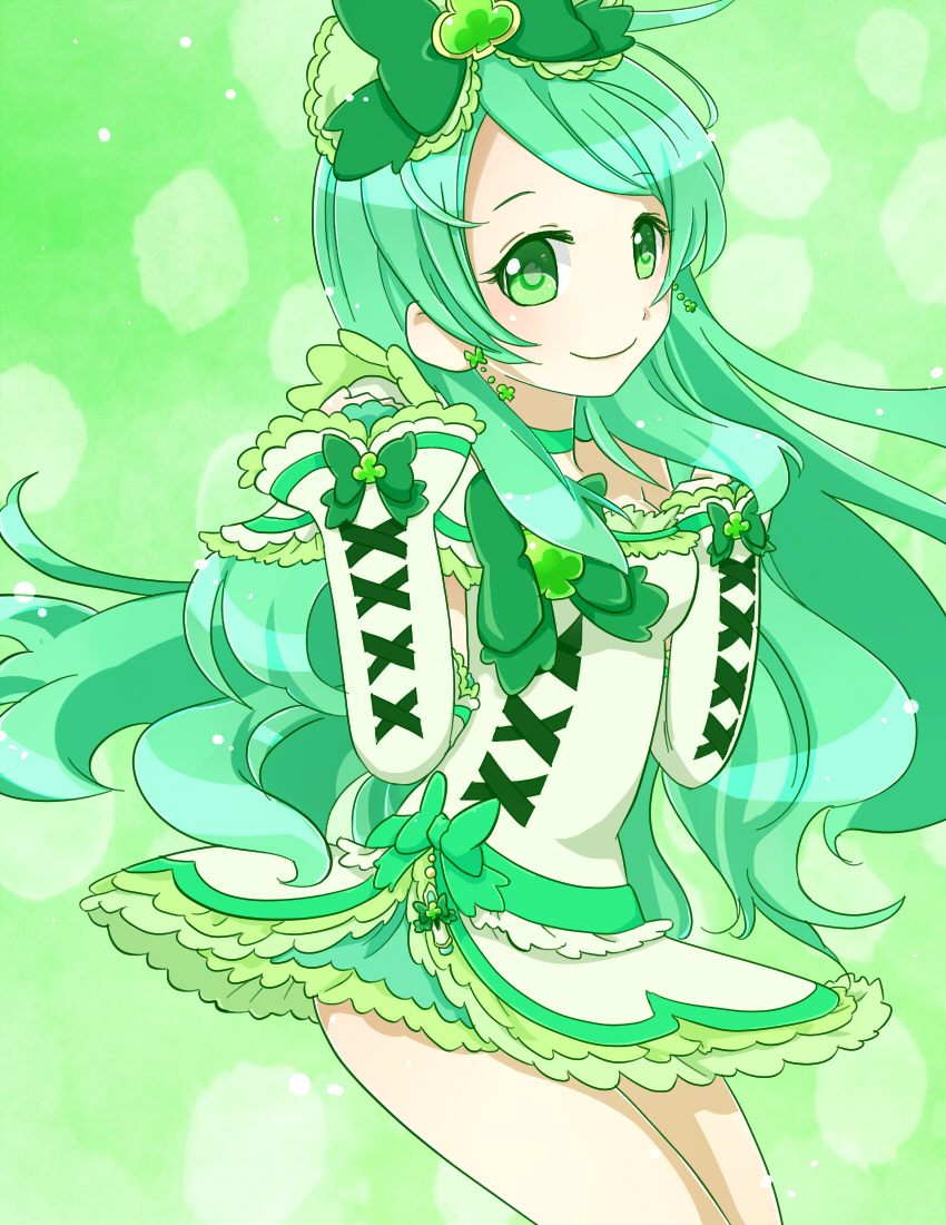 1girl, arm_warmers, borrowed_character, bow, brooch, choker, cure_alto_(0417nao), female_focus, green_background, green_eyes, green_hair, green_theme, hair_bow, jewelry, long_hair, matching_hair/eyes, original, precure, ribbon, skirt, smile, solo, tama_(miloque), white_arm_warmers
