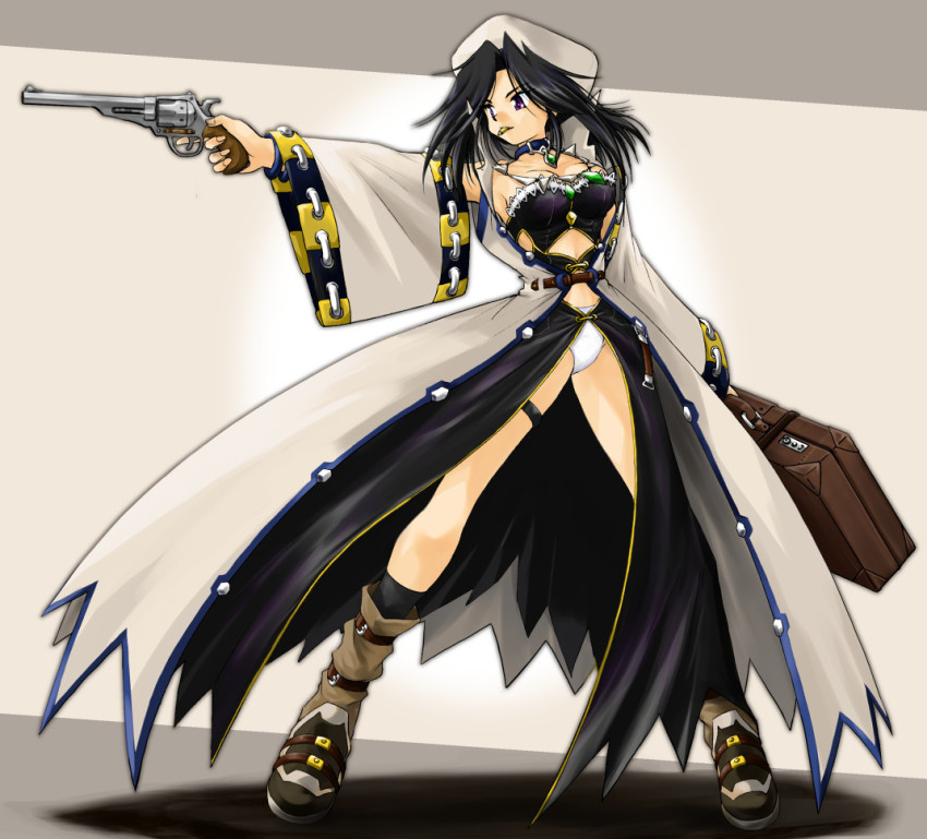 1girl, aiming, black_hair, boots, bracelet, breasts, briefcase, bullet