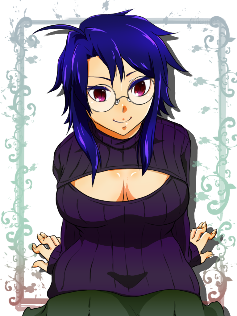10s, 1girl, ahoge, bad_id, bad_pixiv_id, female_focus, glasses, log_horizon, open-chest_sweater, purple_eyes, roe2_(log_horizon), sitting, smile, solo, sweater, tsubakichi