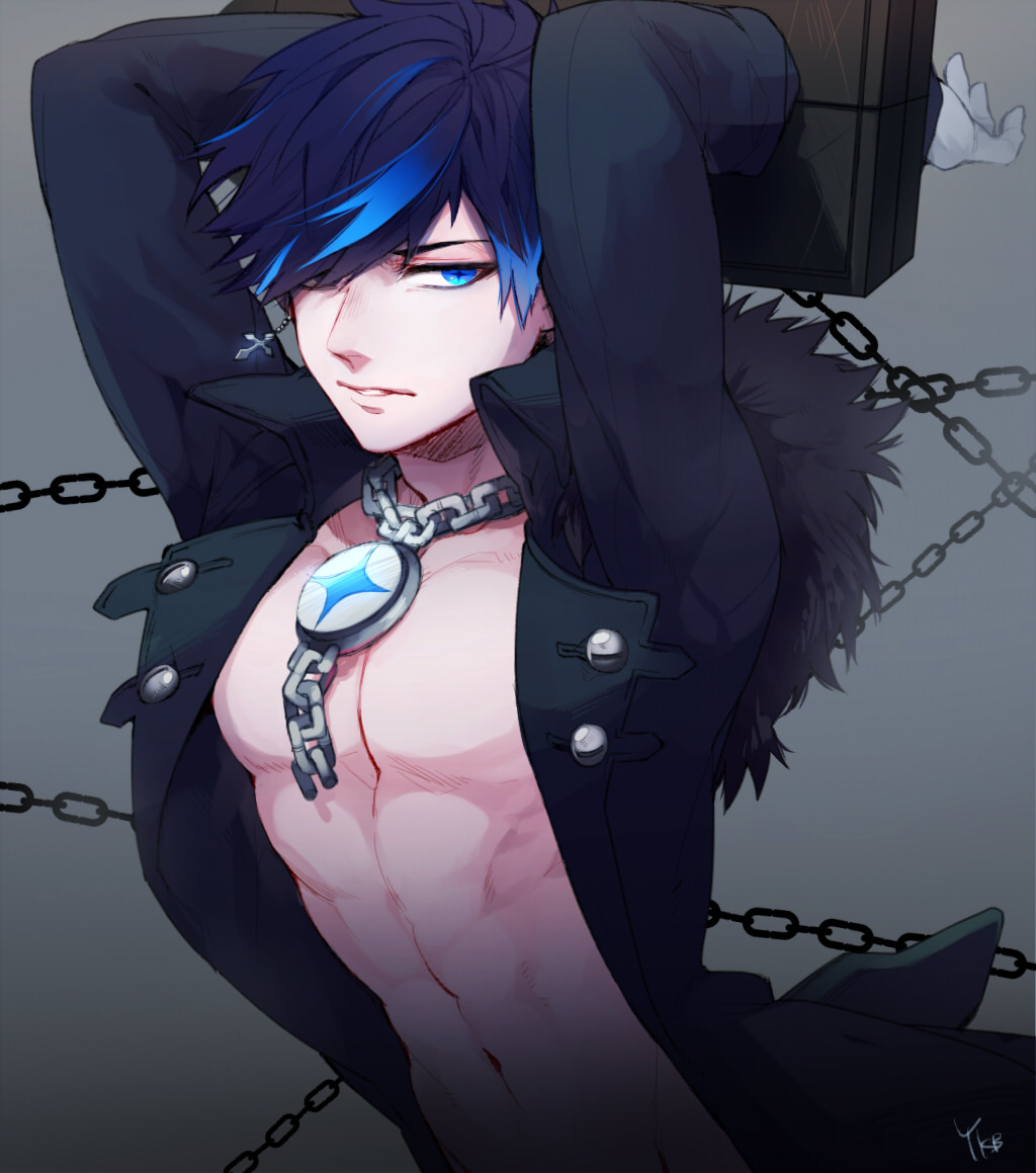 1boy, abs, arms_up, bad_id, bad_pixiv_id, black_hair, bloody_yukime, blue_eyes