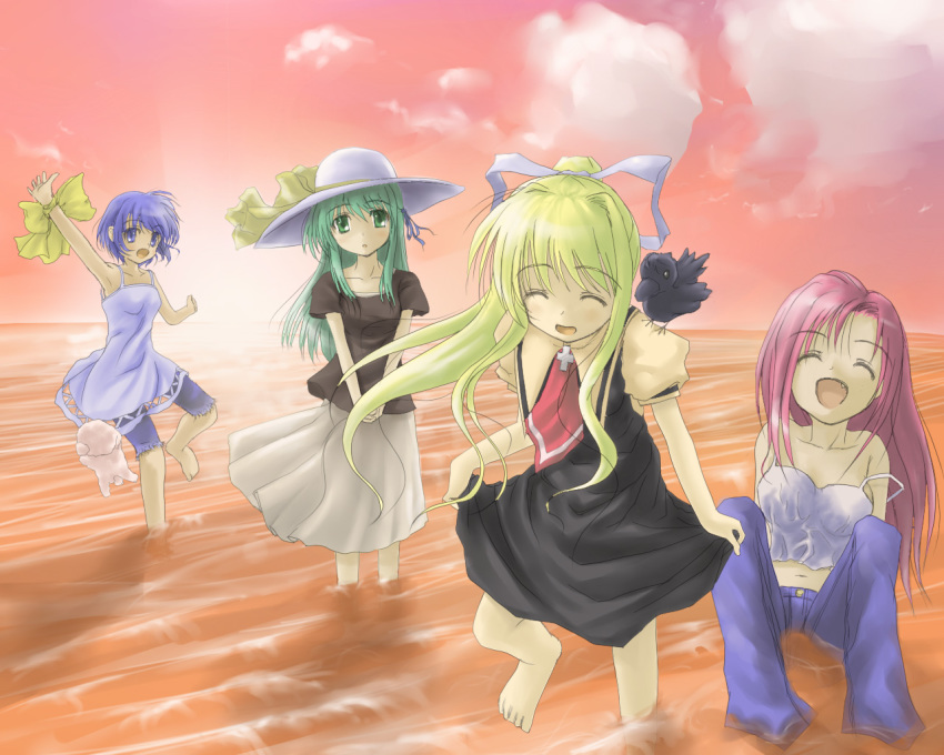 00s, 4girls, :d, ^_^, air_(visual_novel), barefoot, bird, blonde_hair