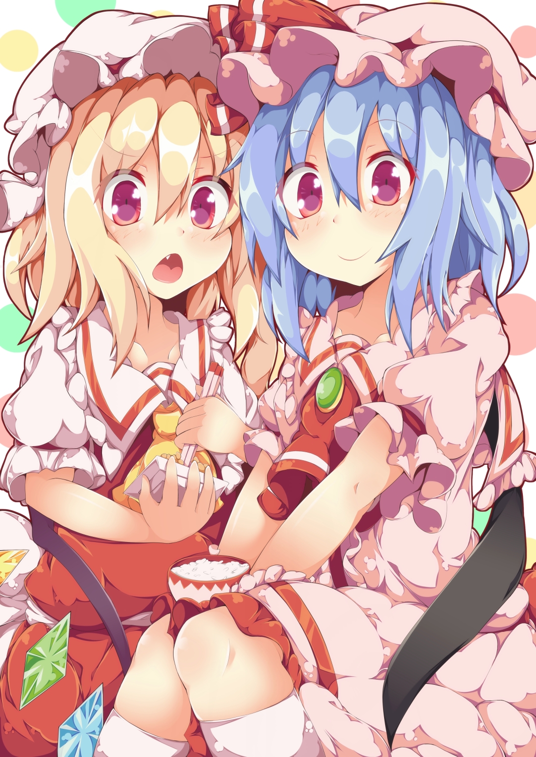 2girls, ascot, bat_wings, blonde_hair, blue_hair, bowl, brooch, chopsticks