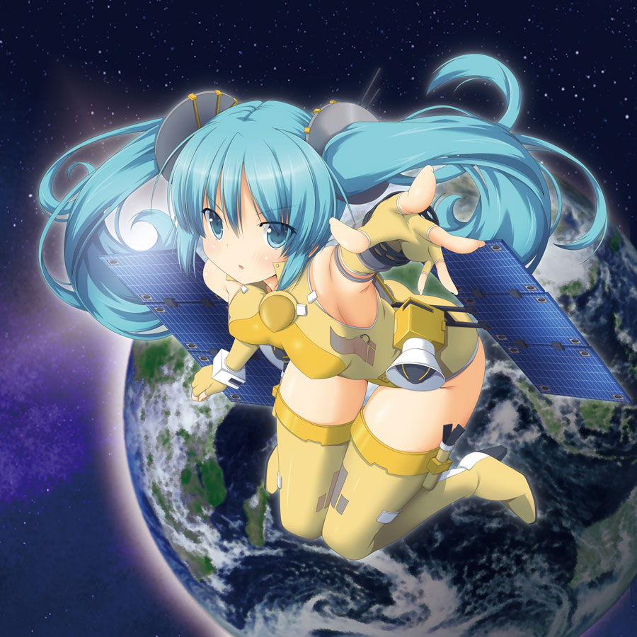 1girl, aqua_eyes, aqua_hair, cosplay, female_focus, hatsune_miku, hayabusa_(spacecraft), hayabusa_(spacecraft)_(cosplay)