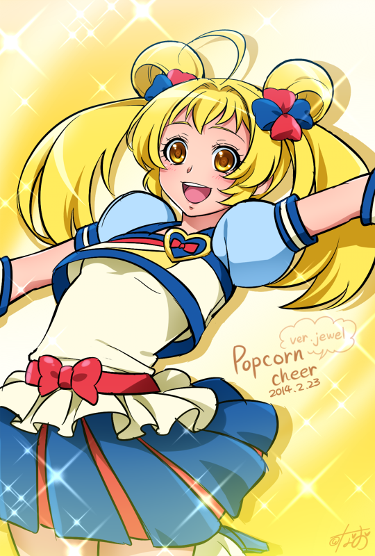 0417nao, 10s, 1girl, 2014, ahoge, arm_up, bad_id, bad_pixiv_id, blonde_hair, blue_skirt, bow, brooch, character_name, cosplay, cure_honey, cure_honey_(cosplay), cure_honey_(popcorn_cheer), cure_jewel_(0417nao), dated, double_bun, female_focus, hair_bun, happinesscharge_precure!, heart, heart_brooch, jewelry, magical_girl, original, precure, puffy_sleeves, short_hair, skirt, smile, solo, twintails, waist_bow, yellow_background, yellow_eyes