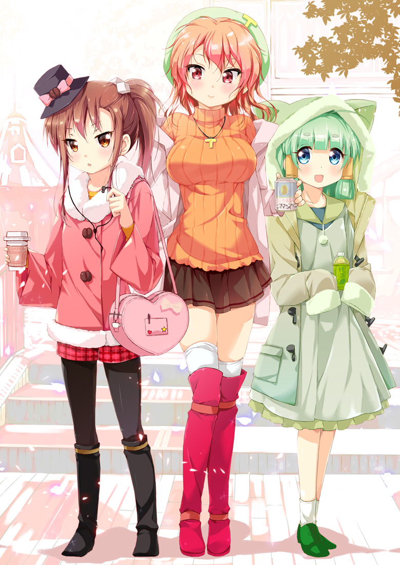 3girls, :d, ahoge, alternate_costume, alternate_hairstyle, animal_hood, bag, black_footwear, black_legwear, blue_eyes, blunt_bangs, blush, boots, bottle, bow, breasts, brown_eyes, brown_hair, cafe-chan_to_break_time, cafe_(cafe-chan_to_break_time), can, casual, cat_hood, coffee, coffee_beans, textless_cover_page, cube_hair_ornament, cup, disposable_coffee_cup, disposable_cup, dress, earbuds, earphones, eyes_visible_through_hair, feather_boa, green_dress, green_hair, green_shoes, green_tea, hair_ornament, hair_tubes, hair_up, handbag, hands_in_opposite_sleeves, hat, hat_bow, hood, hooded_jacket, jacket, jewelry, knee_boots, long_hair, long_sleeves, midori_(cafe-chan_to_break_time), multiple_girls, necklace, open_mouth, orange_shirt, original, pantyhose, personification, ponytail, porurin_(do-desho), red_eyes, red_footwear, ribbed_sweater, shirt, shoes, side_ponytail, skirt, smile, socks, stairs, standing, sugar_cube, sweater, tea, tea_(cafe-chan_to_break_time), thigh_boots, thighhighs, turtleneck, white_legwear, winter, winter_clothes, zettai_ryouiki