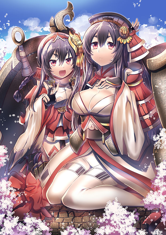2girls, black_hair, breasts, cleavage, kozukata_(oshiro_collection), kozukata_(oshiro_project), large_breasts, long_hair