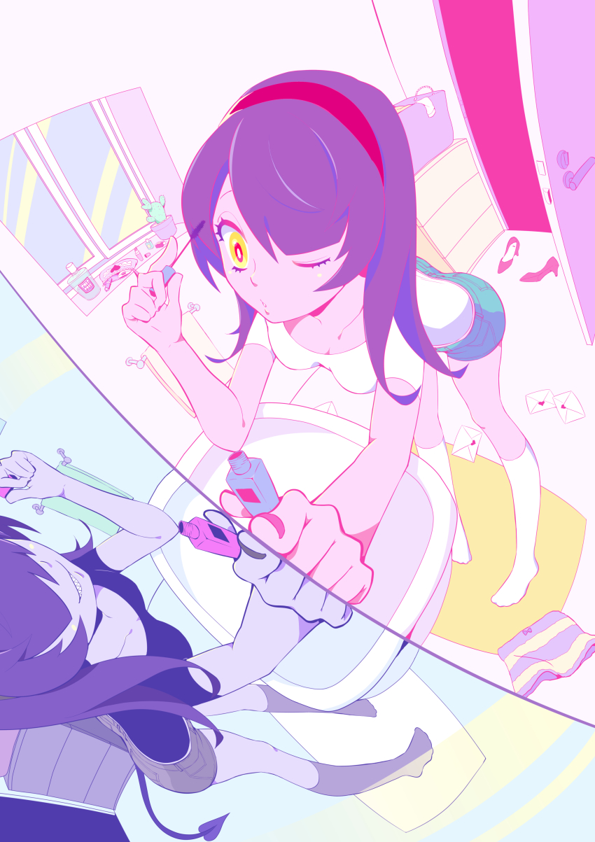 2girls, absurdres, applying_makeup, ari, bathroom, cactus, demon_tail, different_reflection, dual_persona, hair_over_eyes, hairband, highres, mirror, multiple_girls, one_eye_closed, original, purple_hair, reflection, sharp_teeth, short_shorts, shorts, sink, socks, tail, teeth, yellow_eyes