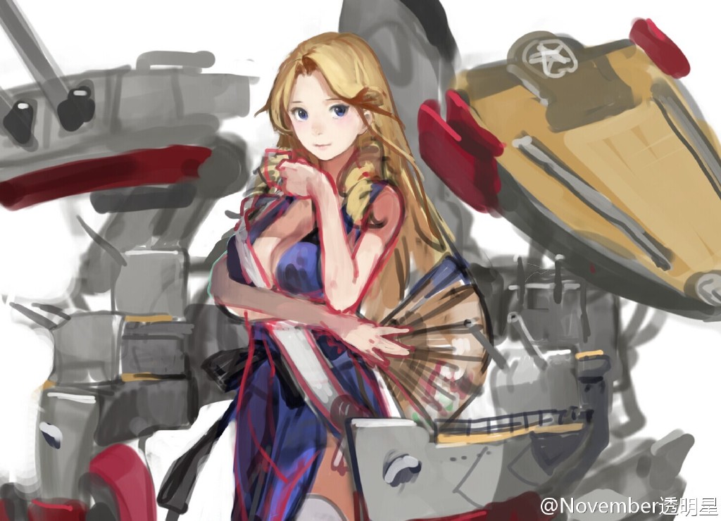 10s, 1girl, blonde_hair, blue_eyes, breasts, cleavage, female_focus, folding_fan