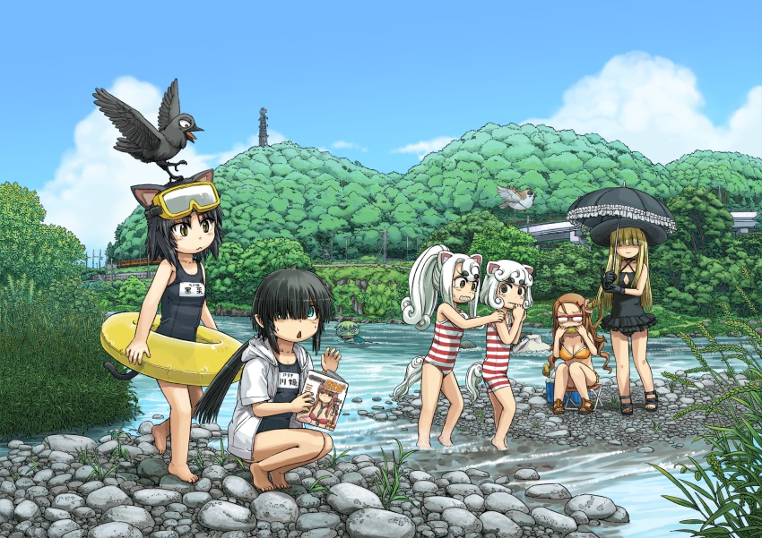 6+girls, animal_ears, barefoot, bikini, bird, black_hair, blonde_hair, breasts