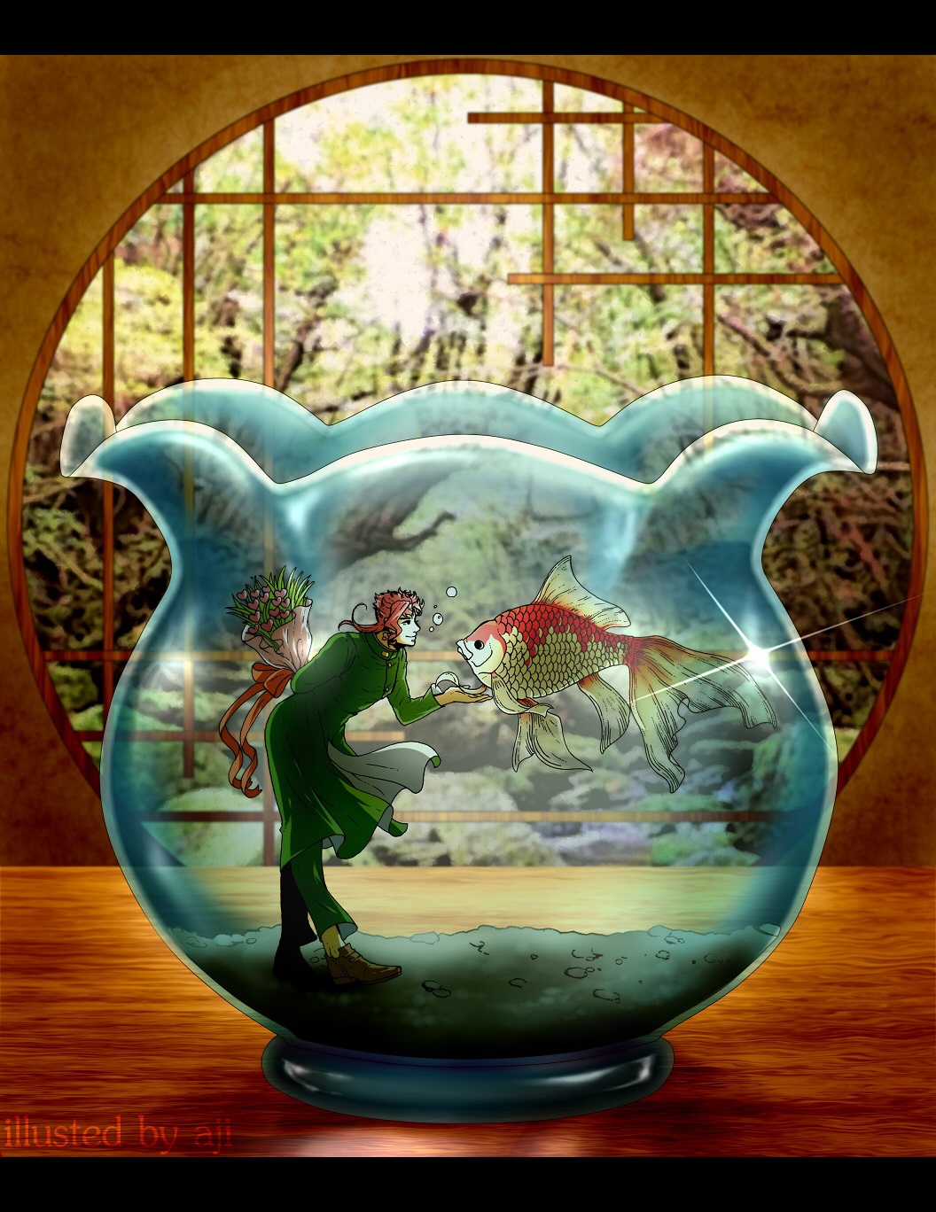 1boy, aji_(after_satellites), aji_(coastal_area), bouquet, bubble, fish, fishbowl, flower