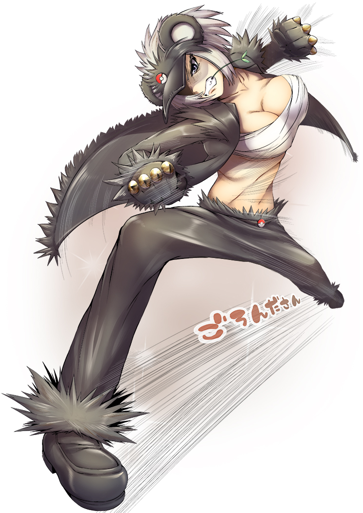 10s, 1girl, banchou, bandages, breasts, cleavage, clenched_hand, delinquent, female_focus, foreshortening, gen_6_pokemon, hat, humanization, jacket, large_breasts, midriff, navel, nekopantsu_(xxxxxxxxx0621), nintendo, pangoro, pokemon, pokemon_x_and_y, solo
