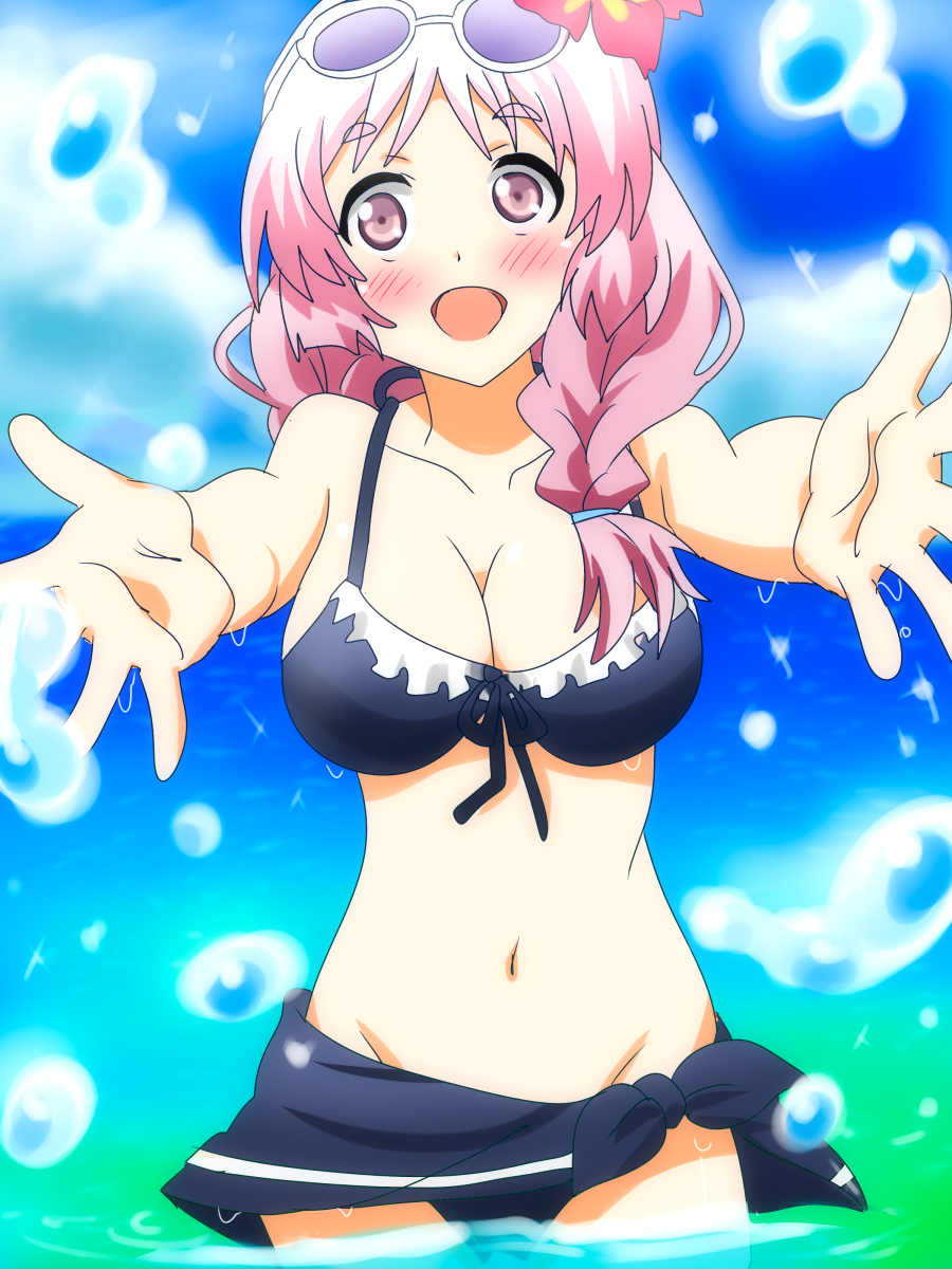 10s, 1girl, anime_screenshot, bikini, braid, eyewear_on_head, female_focus, highres