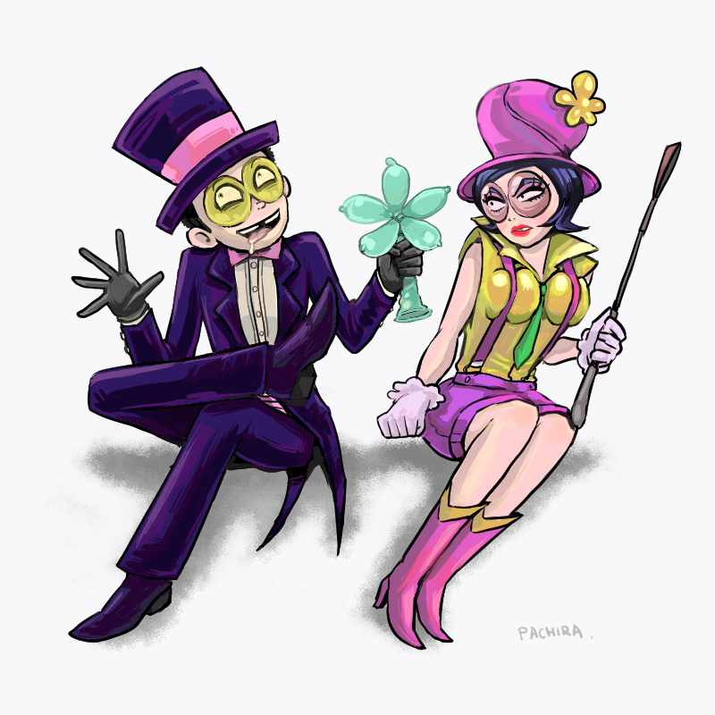 1boy, 1girl, artist_name, balloon_animal, boots, bow, bowtie, breasts