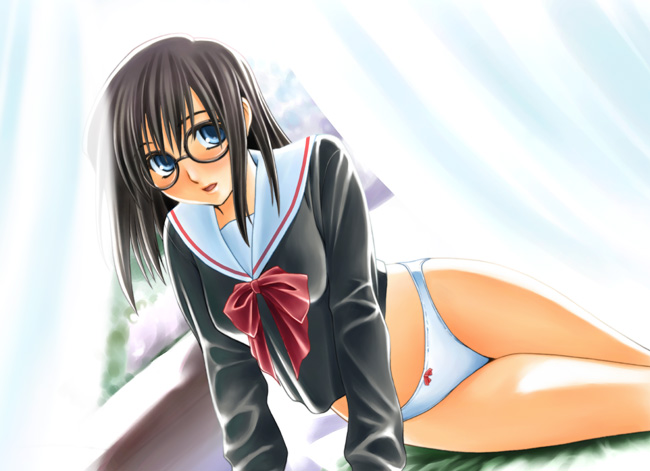 1girl, black_hair, blue_eyes, bow, bow_panties, dutch_angle, female_focus, glasses