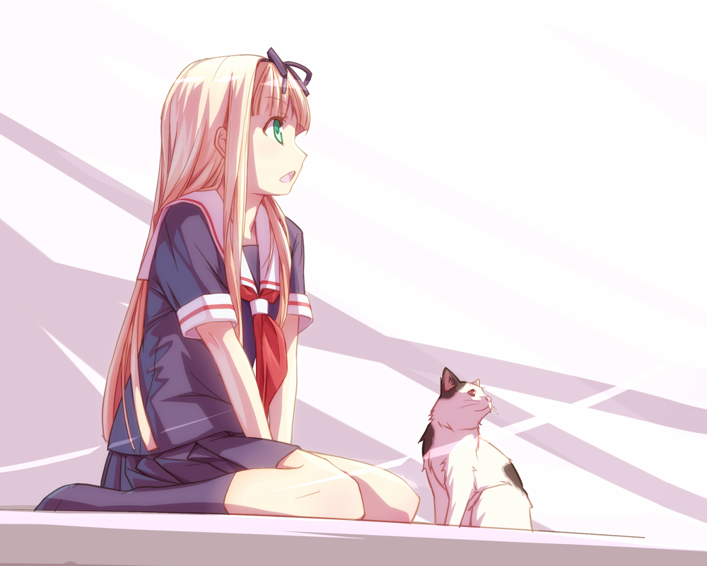 10s, 1girl, blonde_hair, cat, female_focus, from_side, green_eyes, haiiro_(hi_ghi_ro)