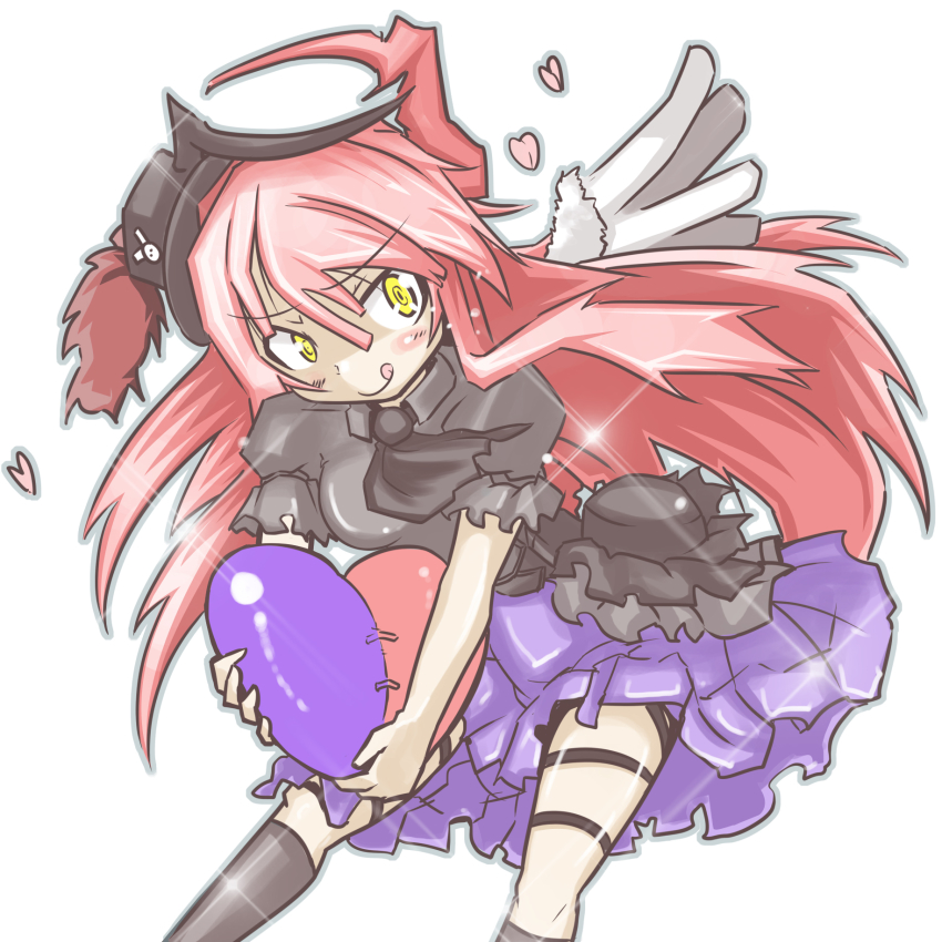 1girl, :q, black_legwear, duel_monster, female_focus, furumeta, ghostrick_angel_of_mischief, ghostrick_dorklord, hat, heart, highres, long_hair, multicolored_wings, pink_hair, side_ponytail, solo, tongue, tongue_out, v-shaped_eyebrows, white_background, wings, yellow_eyes, yu-gi-oh!