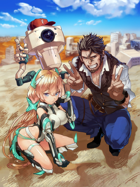 1boy, 1girl, angela_balzac, arched_back, arm_support, bare_shoulders, baseball_cap, beard, belt, belt_pouch, belt_skirt, black_hair, blonde_hair, blue_eyes, blunt_bangs, blurry, blush, boots, breasts, building, buttons, cityscape, cloud, day, depth_of_field, double_v, elbow_gloves, facial_hair, frontier_setter, full_body, gloves, grin, hair_between_eyes, hair_ornament, halterneck, hat, headgear, high_heel_boots, high_heels, highleg, highleg_leotard, jewelry, knee_boots, kneeling, kouzuki, leotard, light_smile, long_hair, looking_at_viewer, on_one_knee, one-eyed, outdoors, pants, pouch, rakuen_tsuihou, robot, shadow, shiny_skin, shirt, sky, smile, spiked_hair, spread_legs, thigh_strap, thighlet, thong, thong_leotard, turtleneck, v, very_long_hair, vest, watch, wristwatch, zarik_kajiwara