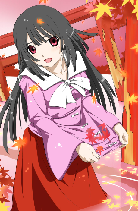 1girl, bakemonogatari, black_hair, bow, female_focus, houraisan_kaguya, japanese_clothes, leaf, long_hair, maple_leaf, monogatari_(series), open_mouth, parody, radia, red_eyes, ribbon, sengoku_nadeko, skirt, smile, solo, torii, touhou, water