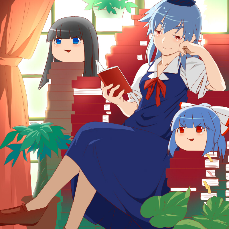 1girl, bakemonogatari, blue_eyes, blue_hair, book, book_stack, bow, crossed_legs