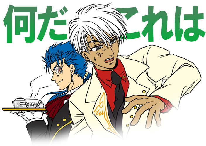 07th_expansion, 2boys, anger_vein, archer_(fate), ascot, blue_hair, cosplay, cu_chulainn_(fate)