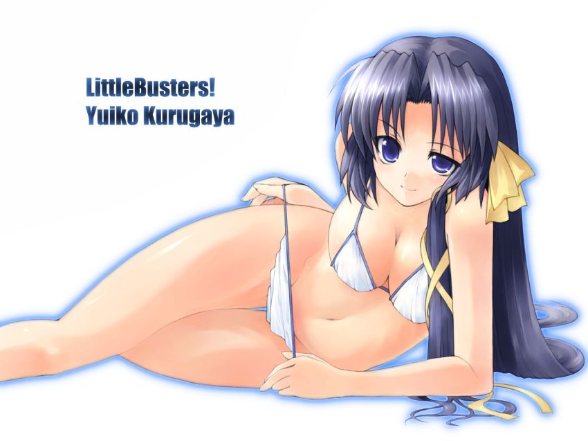 1girl, bikini, bikini_pull, black_hair, blue_eyes, breasts, character_name, cleavage