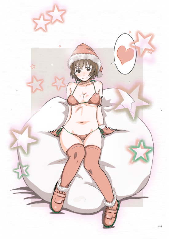 1girl, ayase_fuuka, bikini, blush, brown_eyes, brown_hair, christmas, female_focus