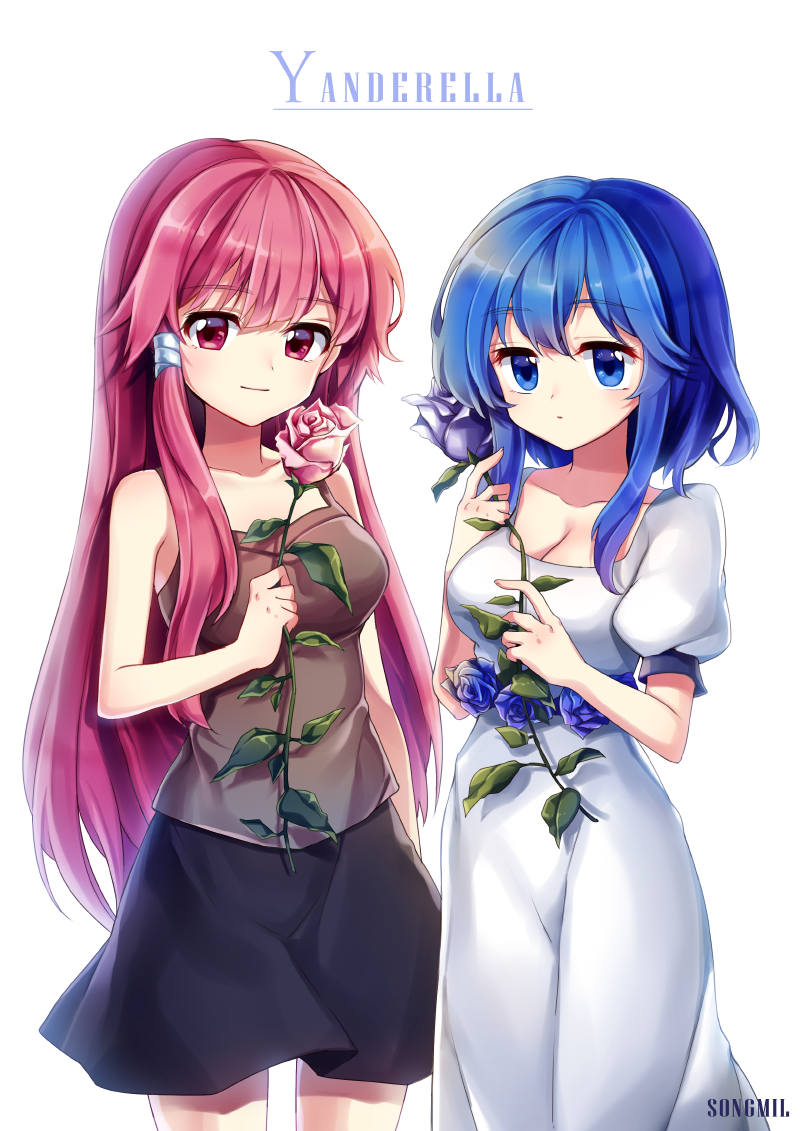 2girls, artist_name, black_skirt, bloom, blue_eyes, blue_hair, copyright_name, dress, flower, hinata_(yanderella), honoka_(yanderella), long_hair, looking_at_viewer, multiple_girls, pink_eyes, pink_hair, rose, short_hair, skirt, songmil, white_dress, yanderella