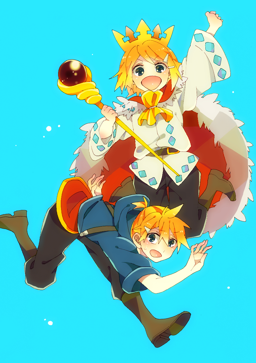 1boy, 1girl, :d, ascot, bad_id, bad_pixiv_id, blue_eyes, brother_and_sister