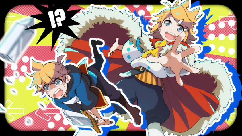 1boy, 1girl, ascot, belt, blonde_hair, blue_eyes, broken, broken_sword